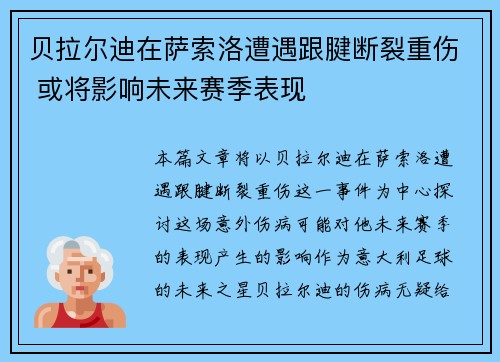 贝拉尔迪在萨索洛遭遇跟腱断裂重伤 或将影响未来赛季表现